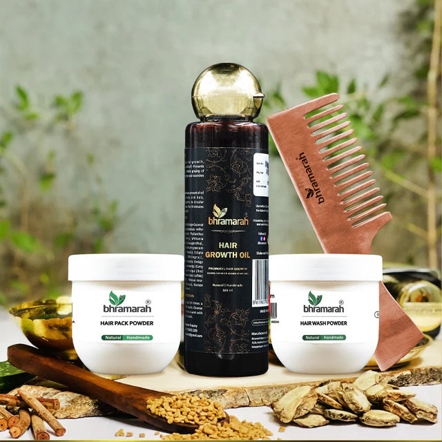 HAIR CARE COMBO-#11 (Hair Growth Oil, Hair Wash Powder, Hair Pack Powder, Wooden Comb)