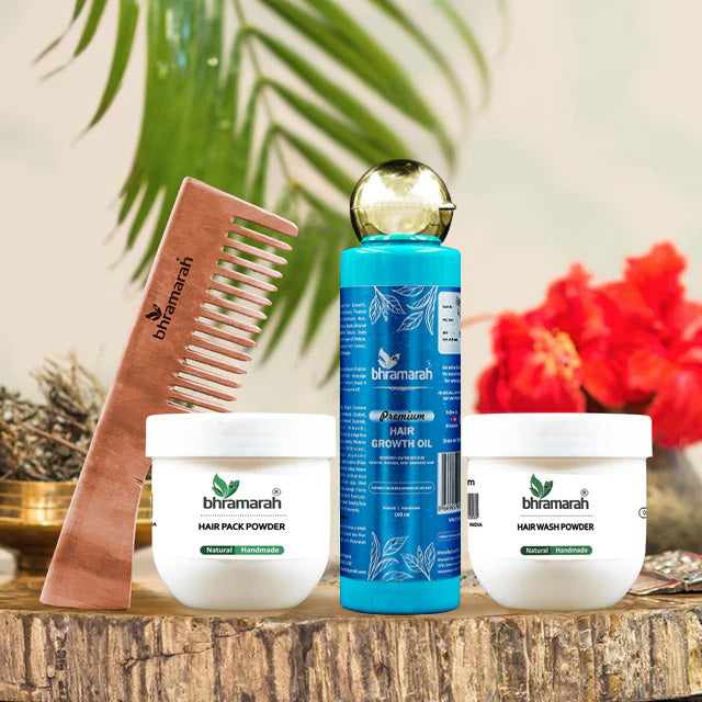 HAIR CARE COMBO  ( Premium Hair Growth Oil, Hair Wash Powder, Hair Pack Powder, Wooden Comb)
